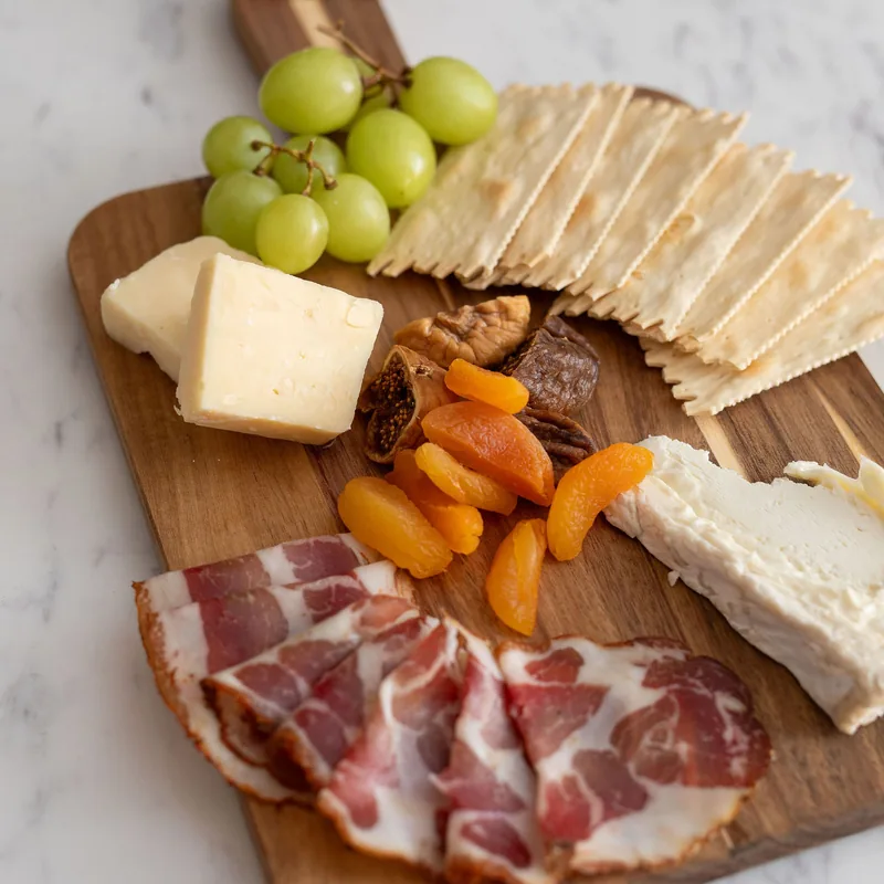 A charcuterie board of green grapes, aged and soft cheeses, dried apricots, figs and cured capicola.